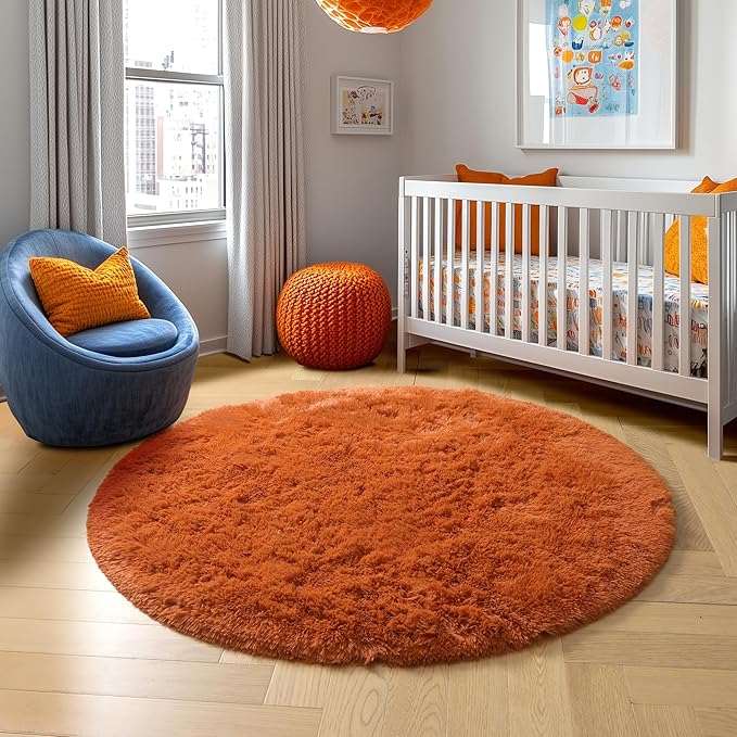 Amdrebio Burnt Orange Round Circle Rug 5Ft for Bedroom Living Room, Fluffy Fuzzy Shaggy Furry Area Rugs for Kids Room Decor Aesthetic, Cute Plush Shag Dark Orange Carpet for Nursery Dorm Classroom